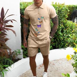 Butterfly Print Polo Shirt + Shorts Sports Two-piece Set