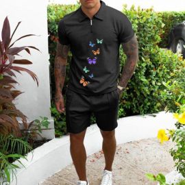 Butterfly Print Polo Shirt + Shorts Sports Two-piece Set