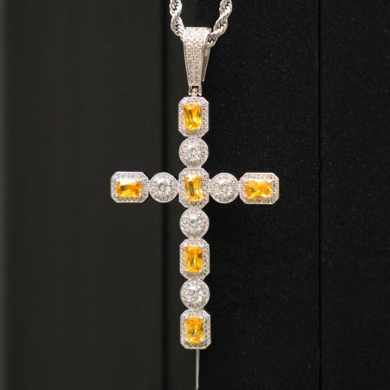 Fancy Yellow and White Diamonds Cross Pendant in White Gold