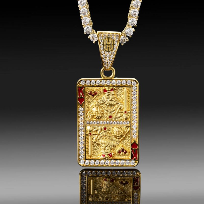 Iced King of Red Heart Poker Card Pendant in Gold