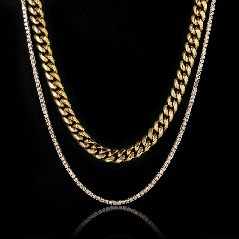 3mm Tennis Chain + 8mm Stainless Steel Cuban Chain Set in Gold