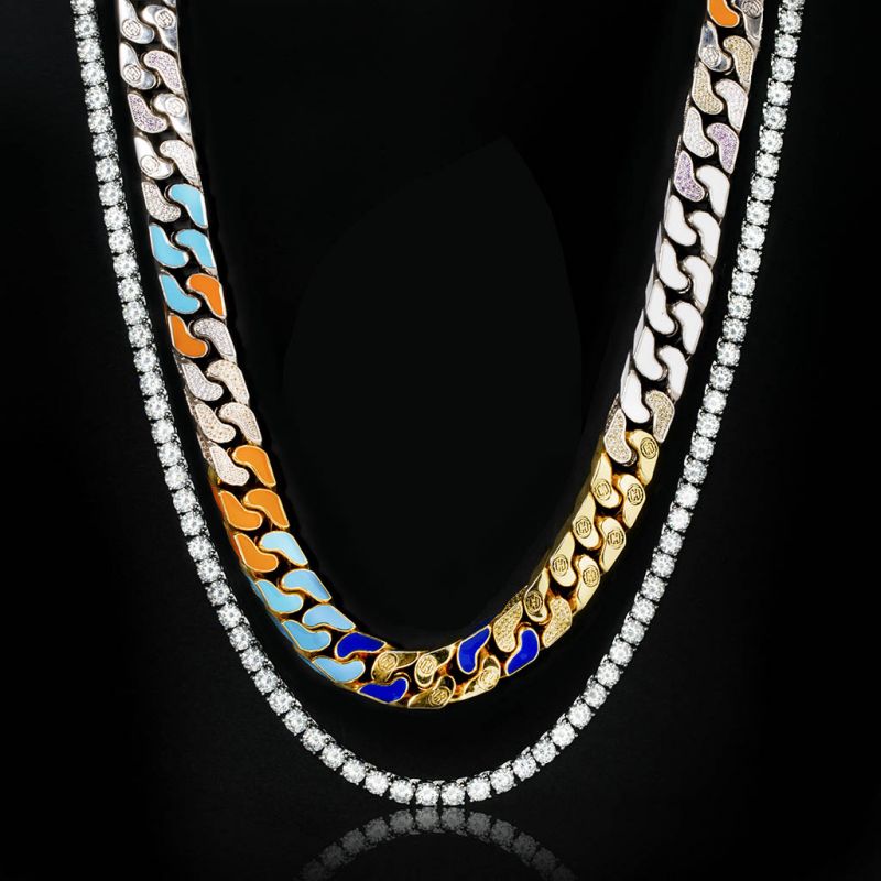 5mm Tennis Chain in White Gold + 13mm Multi-color Half-Iced Cuban Chain Set