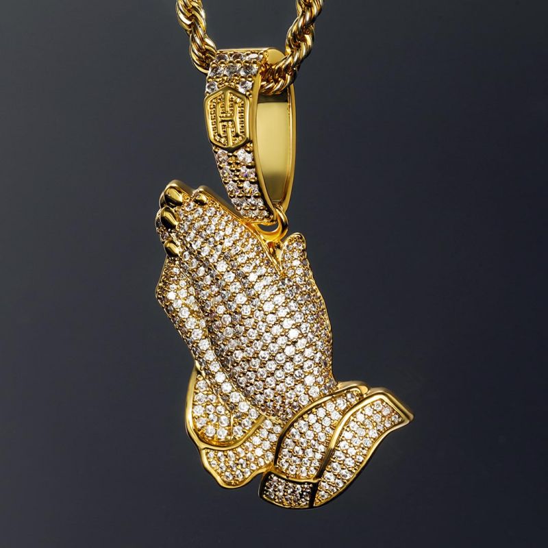 Iced Praying Hands Pendant in Gold