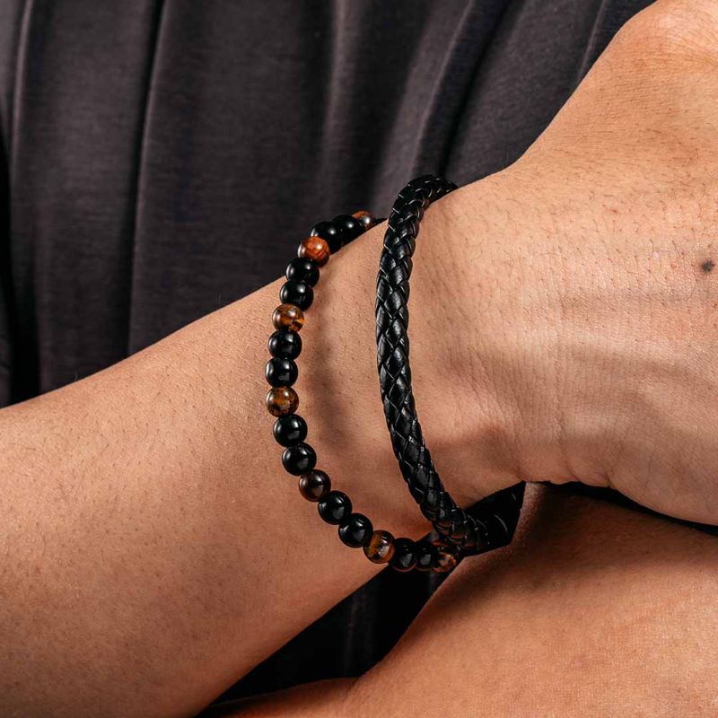 Men's Braid Leather Natural Stone Bead Bracelet