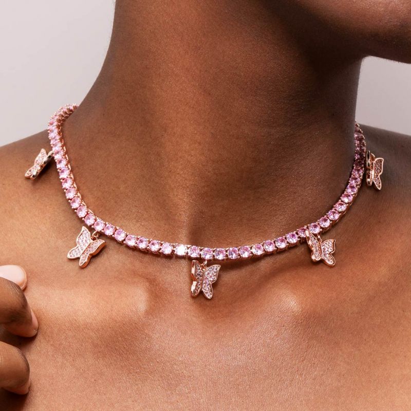 Women's Pink Butterfly Tennis Chain in Rose Gold