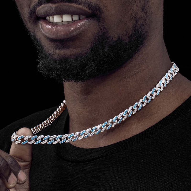 8mm Blue&White Iced Cuban Link Chain in White Gold