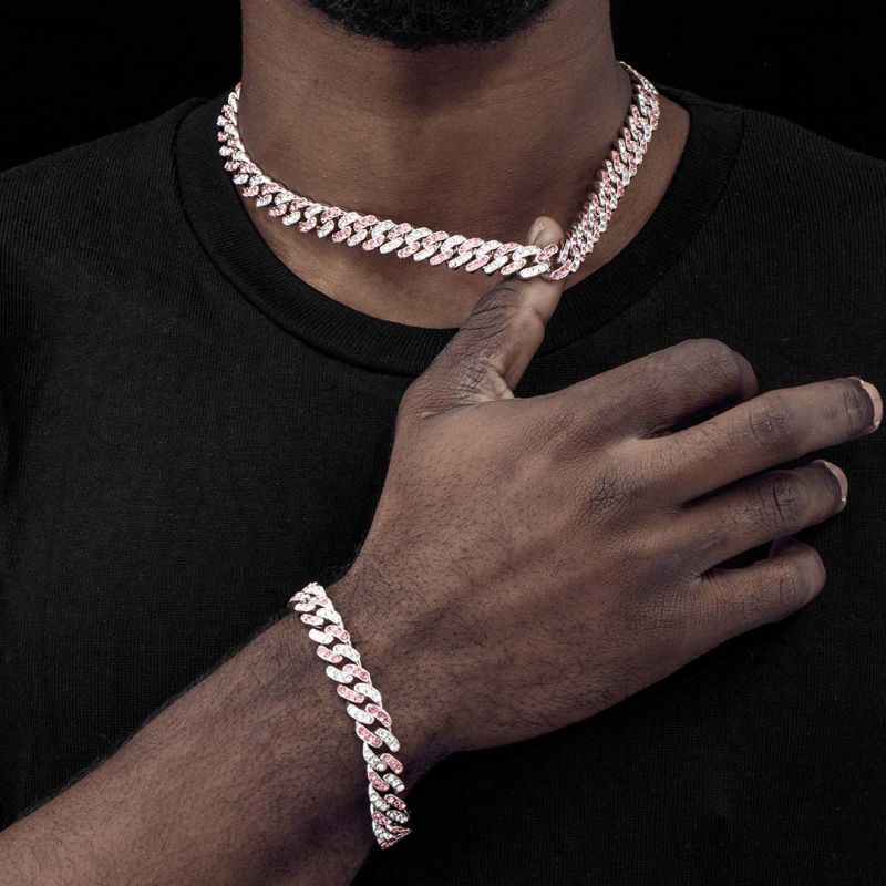 11mm White&Pink Stones Cuban Link Chain and Bracelet Set