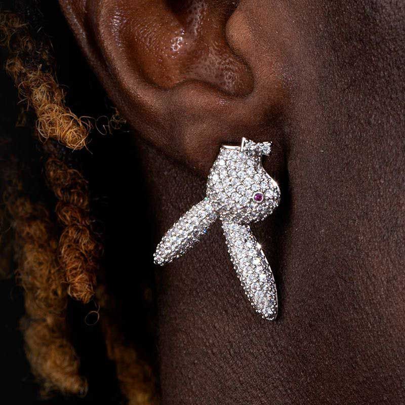 Iced Upside Down Bunny Earrings in White Gold