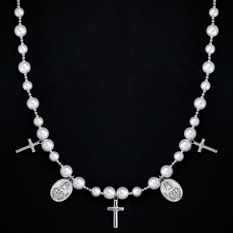 Christian Cross and Virgin Mary Pearl Necklace