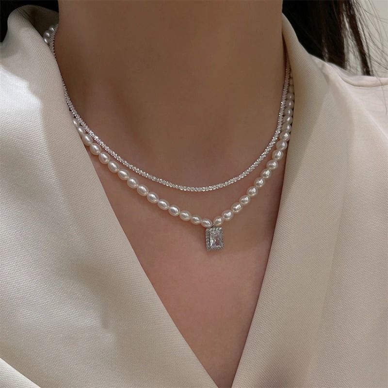 Double Layer Pearl and Gypsophila Chain With Square Choker Necklace