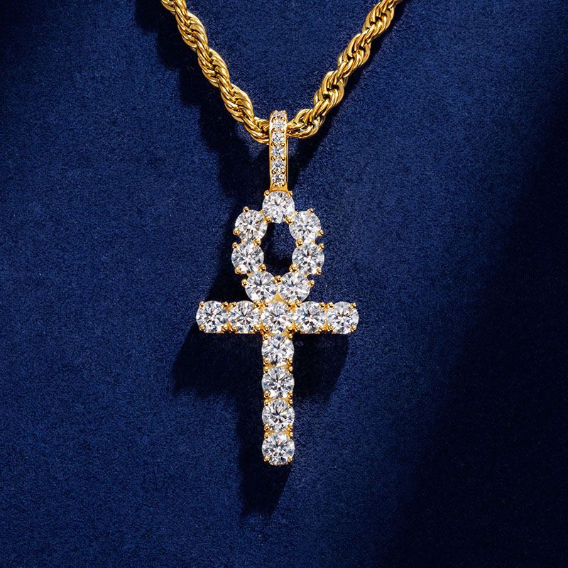 S925 Sterling Silver Moissanite Ankh Pendant in 18K Gold Plated