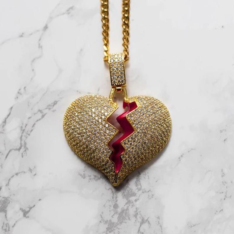 Bubble Heartbreak Pendant Necklace Ice Out Bling Broken Heart Necklace Unisex Hip Hop Jewelry Gift for Her/Him
