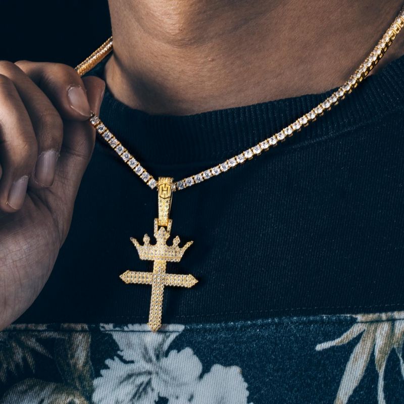 Helloice Iced Cross with King Crown Pendant in Gold