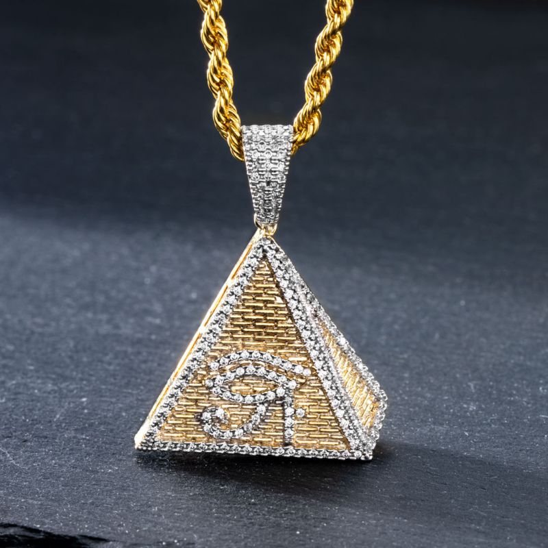 14k Yellow Gold Egyptian Pyramid Triangle Pendant Necklace & Matching Earrings 