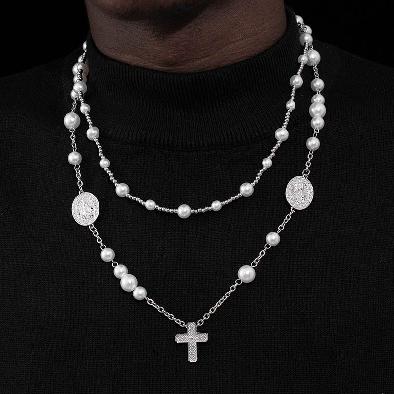 Helloice Layered Virgin Mary and Jesus Cross Pearl Necklace