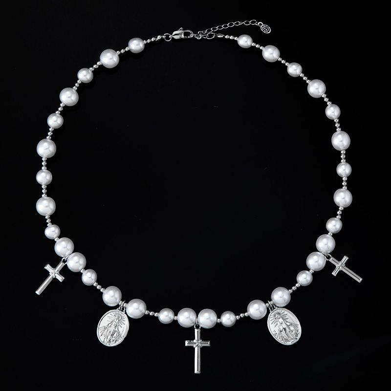 Helloice Christian Cross and Virgin Mary Pearl Necklace