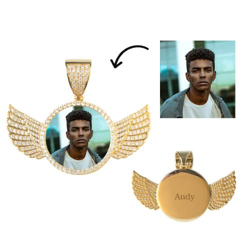 Iced Custom AngeL Wings Photo Pendant in Gold