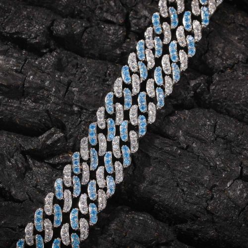 8mm Blue&White Iced Cuban Link Chain in White Gold