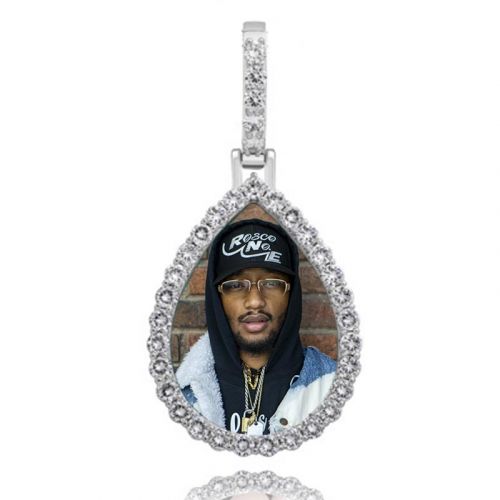 Iced Custom Drip Shaped Photo Pendant in White Gold