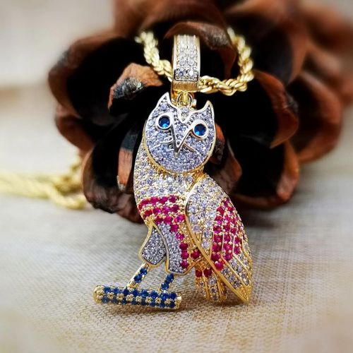 Iced  Multi-color Owl Pendant in Gold