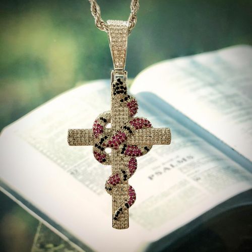 Twisted Coral Snake Cross Pendant in White Gold