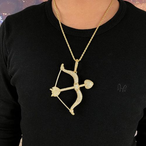 Iced Cupid Arrow and Bow Pendant in Gold