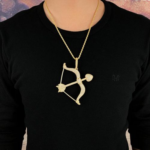 Iced Cupid Arrow and Bow Pendant in Gold