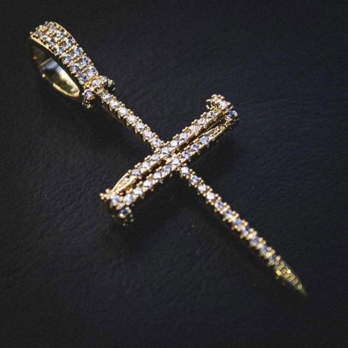 Iced Nail Cross Pendant in Gold
