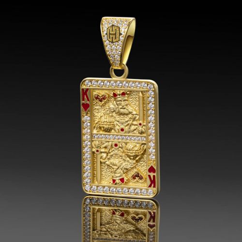 Iced King of Red Heart Poker Card Pendant in Gold
