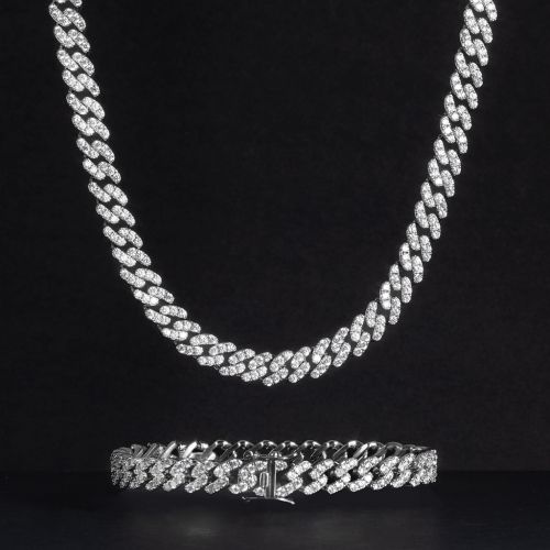 Iced 8mm Cuban Link Chain Set in White Gold