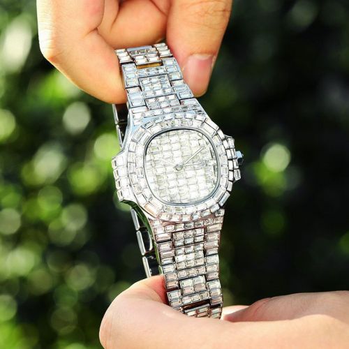 40mm Baguette Cut Stone Iced Dial Watch in White Gold
