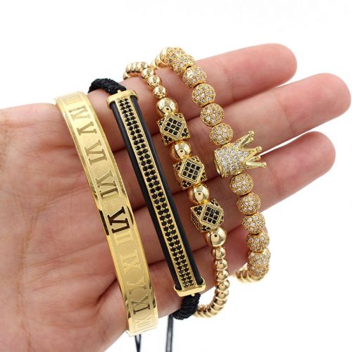 4Pcs Iced Crown Copper Beads and Roman Number Steel Bracelet Set in Gold