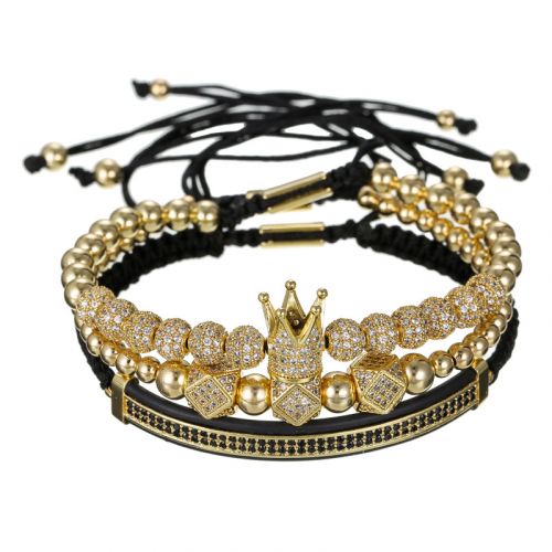 3Pcs Iced Crown Copper Beads Steel Bracelet Set in Gold