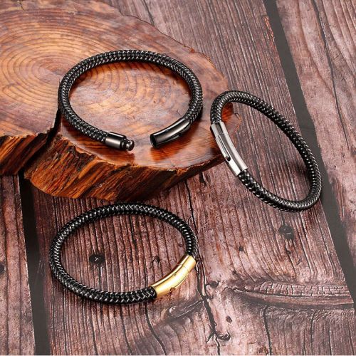 Men's Braided Leather Bracelet with Gold Magnetic Clasp