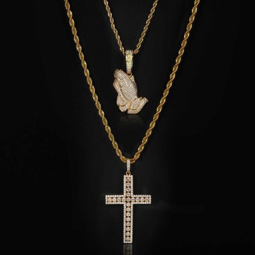 Iced Praying Hands Pendant + Cross Pendant Set in Gold