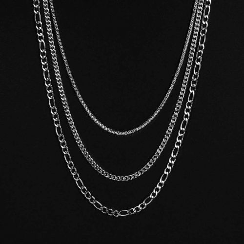 5mm Stainless Steel Cuban Chain + 5mm Figaro Chain + 2.5mm Franco Chain Set in White Gold