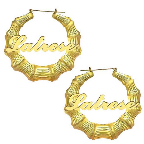Personalized Bamboo Name Hoop Earrings in Gold