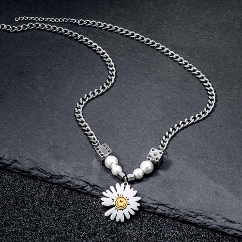 Dice Pearl Daisies Stainless Steel Necklace