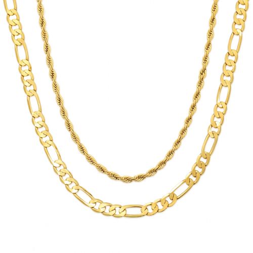 5mm Figaro + 3mm Rope Solid 925 Sterling Silver Chain Set in Gold