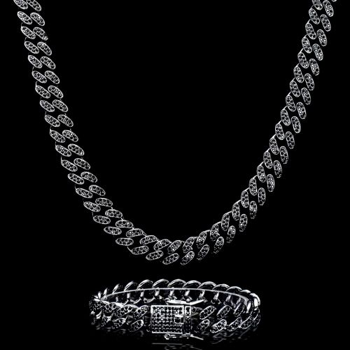 12mm Black Iced Miami Cuban Link Chain and Bracelet Set