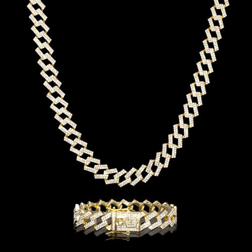 14mm Iced Prong Cuban Chain and Bracelet Set in Gold