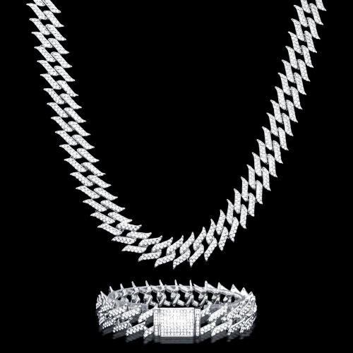 18mm Iced Spiked Cuban Chain and Bracelet Set in White Gold