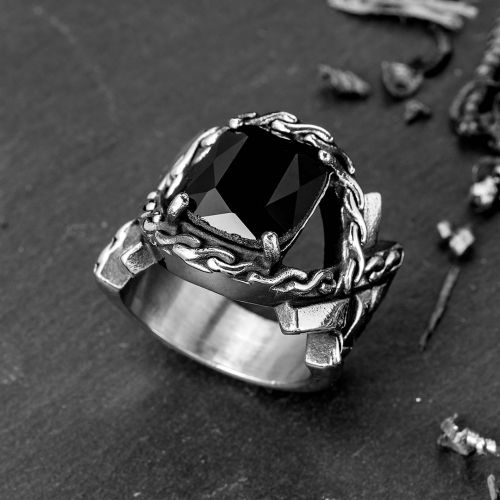 Iris Pattern Gem CZ  Stainless Steel Ring in Black
