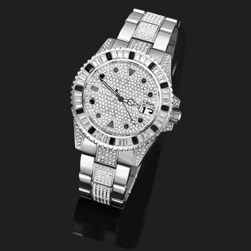 Iced Black Stones Rotatable Bezel Watch in White Gold