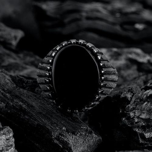 Black Gem Round Signet Stainless Steel Ring