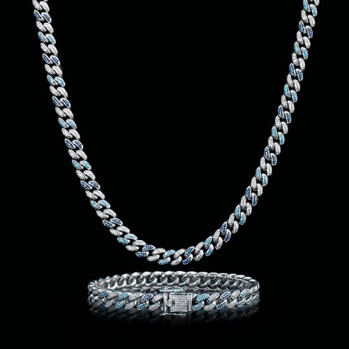 Iced 8mm Gradient Blue Cuban Chain and Bracelet Set in White Gold