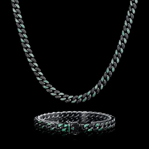 Iced 8mm Emerald & Black Stones Cuban Chain and Bracelet in Black Gold