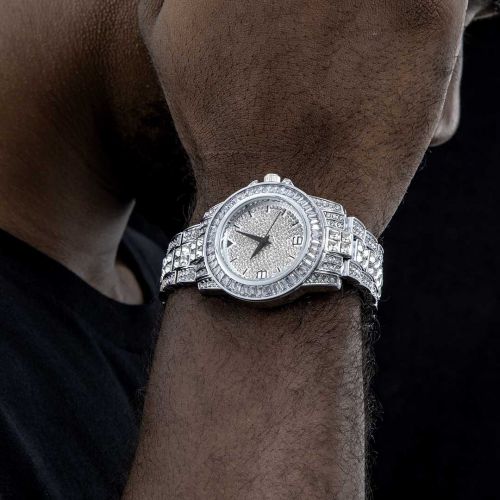 18K White Gold Finish Iced Watch