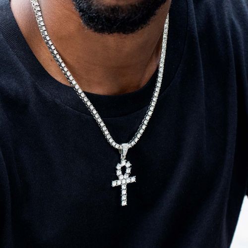 Brilliant Cut Ankh Pendant with Tennis Chain Set in White Gold