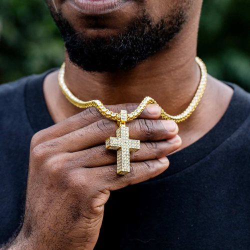 Iced Thick Cross Pendant with Tennis Chain Set in Gold